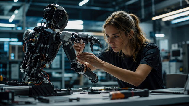 Focused female engineer carefully repairing and fine-tuning advanced humanoid robot prototype in high-tech laboratory environment filled with professional tools and electronic components