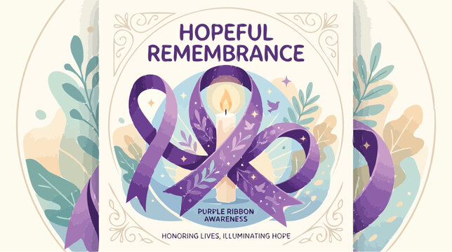 Purple ribbon awareness illustration for hopeful remembrance, memorial candle with violet ribbon vector, honoring lives and illuminating hope poster