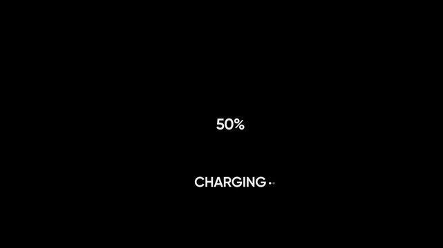 Digital battery charging progress indicator animation with percentage counter on black background