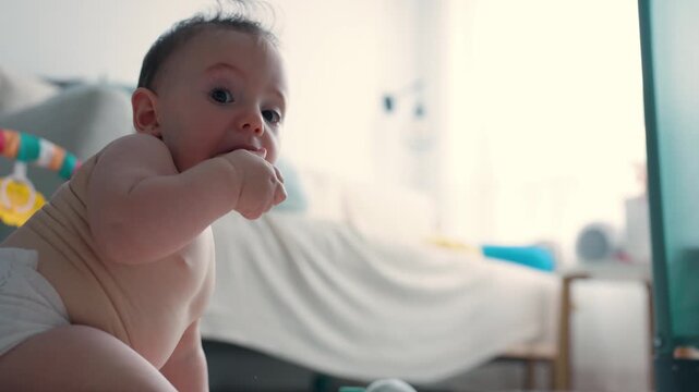 Curious baby in diaper playing with wooden toy on the floor