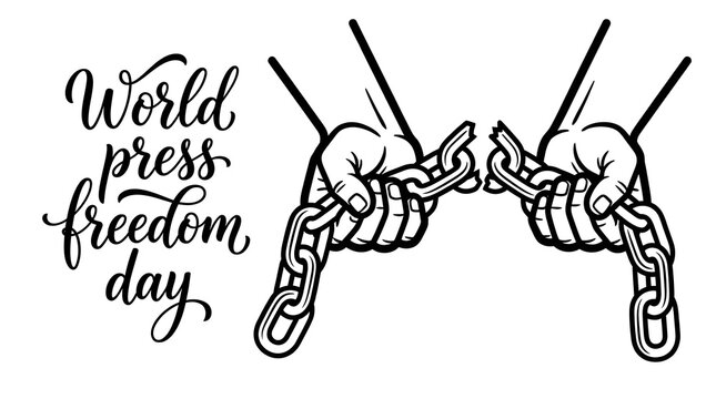 World press freedom day concept with hands breaking metal chains as a symbol of liberation and truth