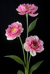 Obraz premium Three pink dahlia flowers with green stems and leaves on a dark black background, floral arrangement and botanical beauty