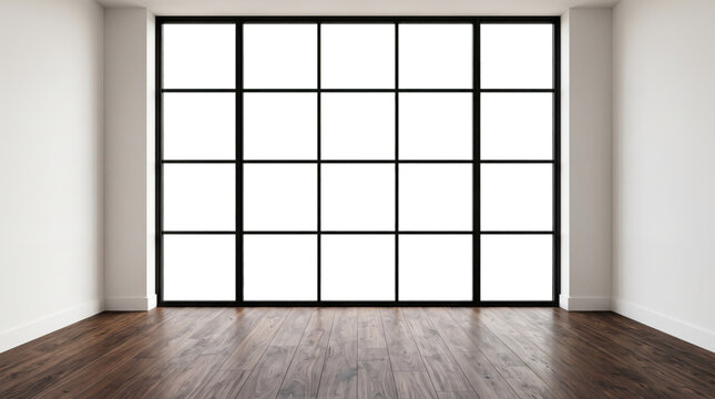 Spacious empty room with dark wooden parquet flooring white walls and a large black metal framed grid window letting bright daylight inside during daytime interior design mockup