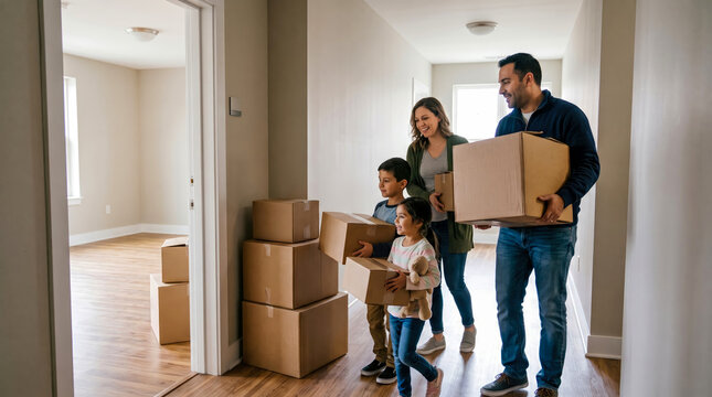 Happy diverse family moving into their new house, carrying cardboard boxes with cheerful smiles, excited for fresh start and new beginning in their spacious unfurnished home.