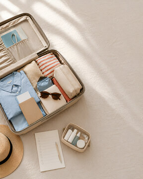 Organized travel packing flat lay with open suitcase and toiletries