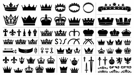 Collection of black silhouette royal crowns, emblems, crests, swords, and ornate elements on white background © Lutfi