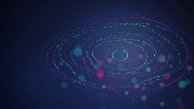 Glowing particles flow along concentric elliptical rings creating a dynamic swirling pattern