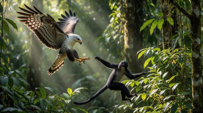 Predatory hawk eagle dives toward small frightened monkey in dense green jungle. Wild bird spreads wings for attack hunt primate tries escaping through tropical forest trees. Tense survival struggle