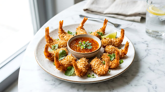 Delicious fried calamari served in a white bowl on a wooden table with fresh lemon and utensils