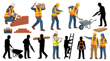 Professional vector collection featuring different male and female construction workers, wearing hard hats and reflective safety vests, laying bricks, carrying construction materials, using shovels © mehdik