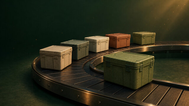 Earth toned eco material containers moving along a curved metal conveyor belt in warm light on a deep green background, sustainable packaging concept, AI generated, 深緑の背景で曲線のコンベアを流れるアースカラーのエコ素材コンテナ 