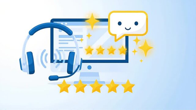 Customer support headset with five stars and chat bubble