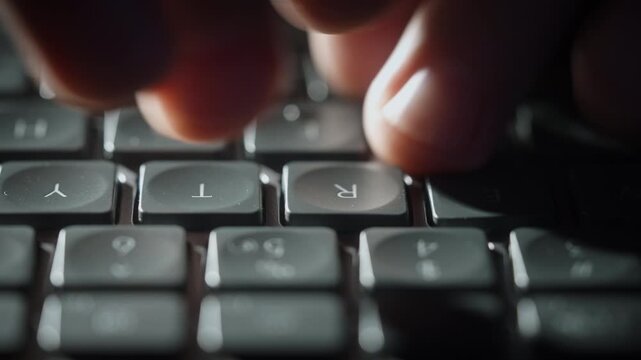 Close-up male hands typing on black keyboard, cinematic shot camera smoothly slides parallel to keys. Detailed footage of remote work, business communication, digital workflow indoors at night