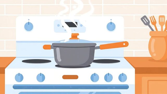 Boiling pot on a kitchen stove top with steam vector animation