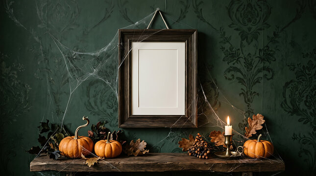 Blank mirror with autumn decorations on a dark wooden surface