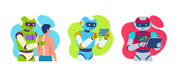 Fototapeta premium Robots assisting humans in healthcare, technology, and data analysis, illustrating future innovations and advanced services.