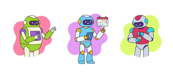 Fototapeta premium Cute Robots with Calendar and Gadgets, Vector Illustration