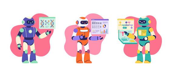 Naklejka premium Robots presenting data, science, and technology concepts in a modern flat illustration style