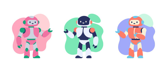 Fototapeta premium Three cartoon robots in different colors: pink, blue and orange, standing and waving. Futuristic concept.