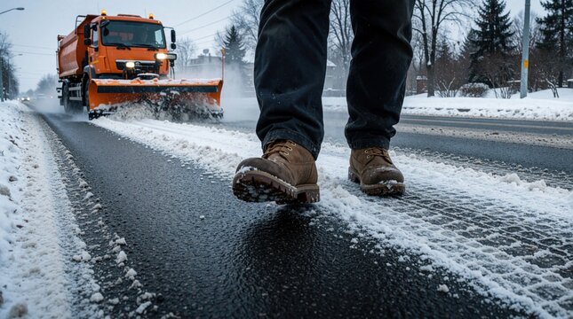 Man in leather boots walks on asphalt road during winter season. Orange snowplow truck clears street from ice, white snow. Heavy transport machine removes slush from city path. Pedestrian stpic on