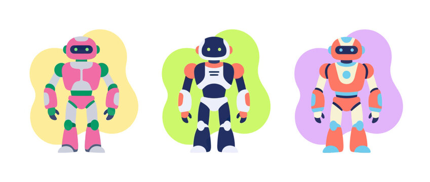 Three colorful robots standing on white background with abstract shapes behind them