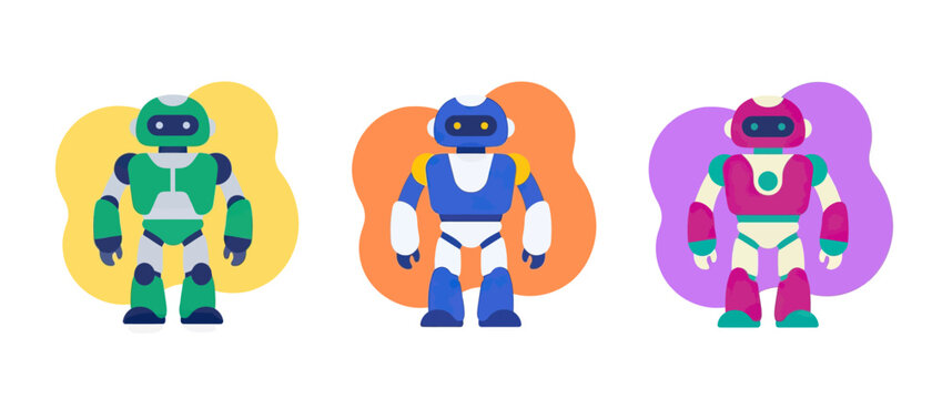 Three diverse cartoon robots in different colors standing against abstract blobs, representing technology and innovation