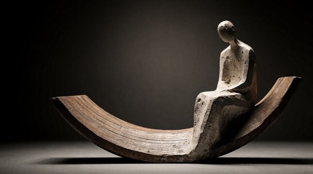 Abstract sculpture of seated human figure on curved wooden base. Minimalist art object features stone texture, neutral tones. Creative statue represents contemplation serenity, balance. Decorative