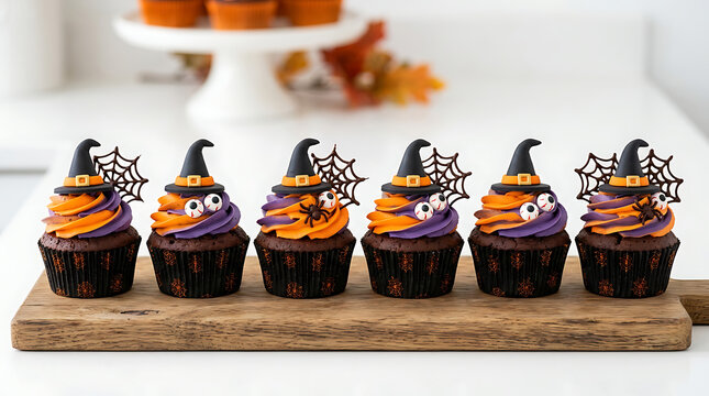 Assorted colorful cupcakes with orange frosting on a rustic wooden board
