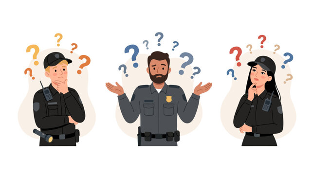 Three confused police officers with question marks above their heads, symbolizing doubt and uncertainty in law enforcement.