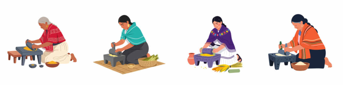 Indigenous Mexican women grinding corn on traditional metate stones to prepare masa, featuring colorful traditional clothing and cultural heritage.