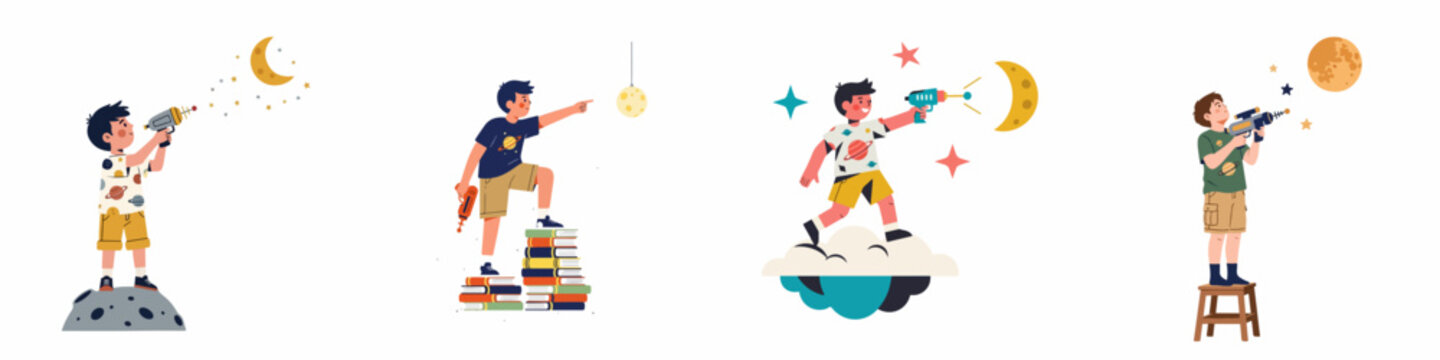 Set of flat vector illustrations depicting a boy's imaginative outer space adventures with moons, stars, books, and ray guns.