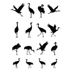 Fototapeta premium Crane bird silhouette vector icon set, black flying and standing crane, heron, stork, flamingo poses isolated on white background