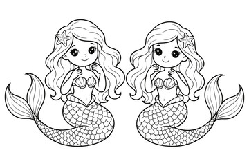 Cute twin mermaid princesses line art vector illustration, black outline kawaii mermaids with starfish hair clips and fish scales tail isolated on white background © Rekha