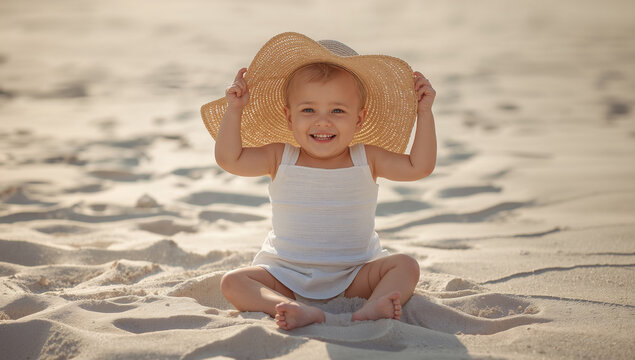 Smiling baby sitting on the beach holding a wide sun hat in soft natural light
