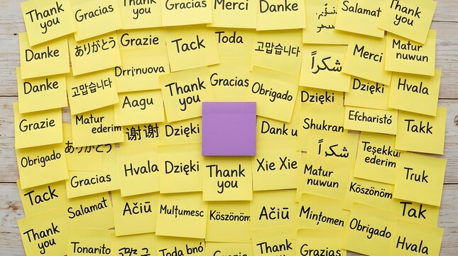A collection of yellow sticky notes with thank you messages and one purple note in the center