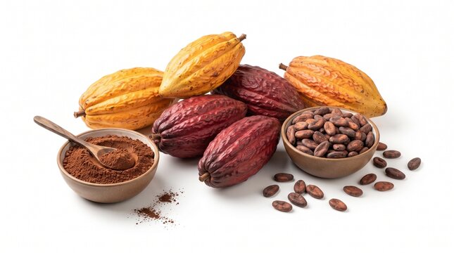 Frutos frescos de cacau, tigela com gr&atilde;os secos e cacau em p&oacute; com colher de madeira, isolados no fundo branco. Ingredientes para produ&ccedil;&atilde;o de chocolate