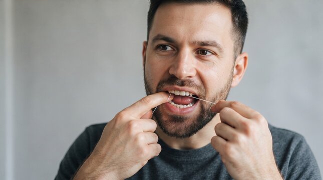 Jovem homem usando fio dental. Retrato de um homem adulto cuidando da higiene bucal e sa&uacute;de dos dentes em casa. Conceito de odontologia e rotina di&aacute;ria