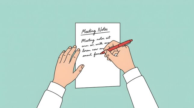 Top view of a person writing notes on a white paper sheet with a pen on a desk