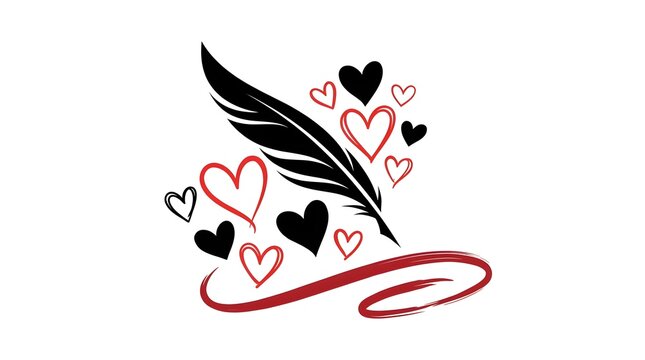 Black feather quill pen surrounded by hand drawn hearts and a decorative red ribbon on white background