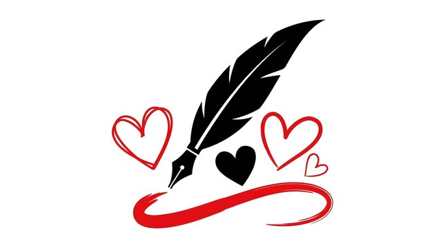 A vintage quill pen drawing with hand drawn red hearts and a decorative red line on white background