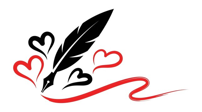 A vintage quill pen drawing red hearts and a flowing line on a clean white background