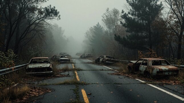 Abandoned highway road with rusty broken cars in deep forest. Cracked asphalt overgrown by grass, weeds at misty autumn day. Post apocalyptic scene features destroyed old vehicles scattered on