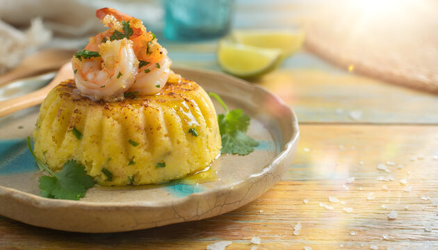 Puerto Rican Mofongo with Garlic Shrimp Close Up Shot