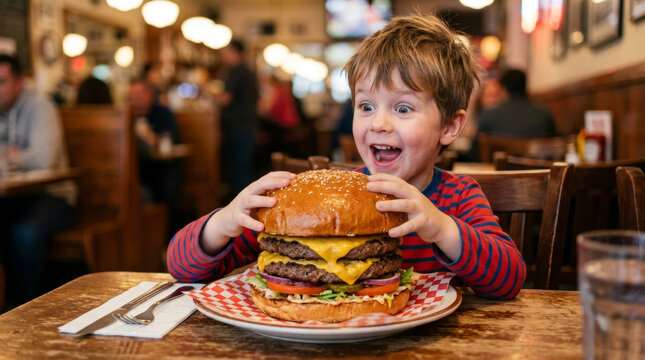 Excited Young Boy About To Eat A Giant Triple Cheeseburger In A Restaurant
