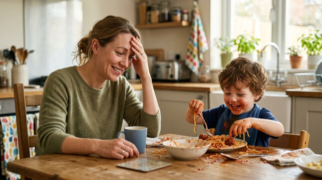 Mother watches son happily eat messy spaghetti dinner in kitchen