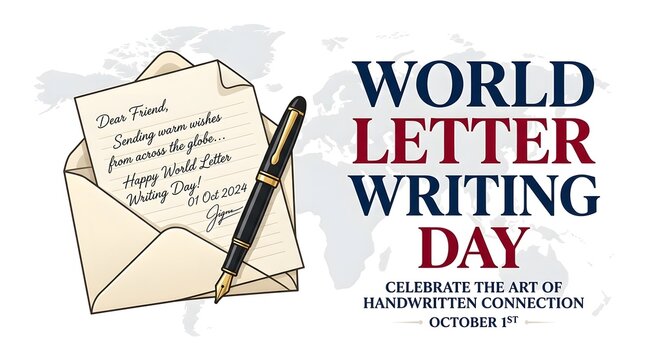 World letter writing day banner with a vintage envelope and fountain pen on a global map background