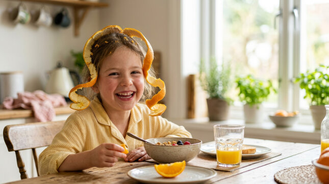 Joyful child with orange peel hairstyle eating breakfast