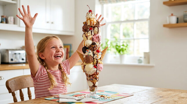Excited young girl with arms raised in delight at a giant ice cream sundae