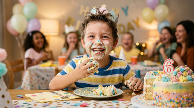 Joyful boy covered in cake celebrates his 6th birthday party with friends