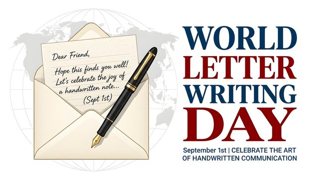 World letter writing day banner with a fountain pen on a piece of paper and world map background